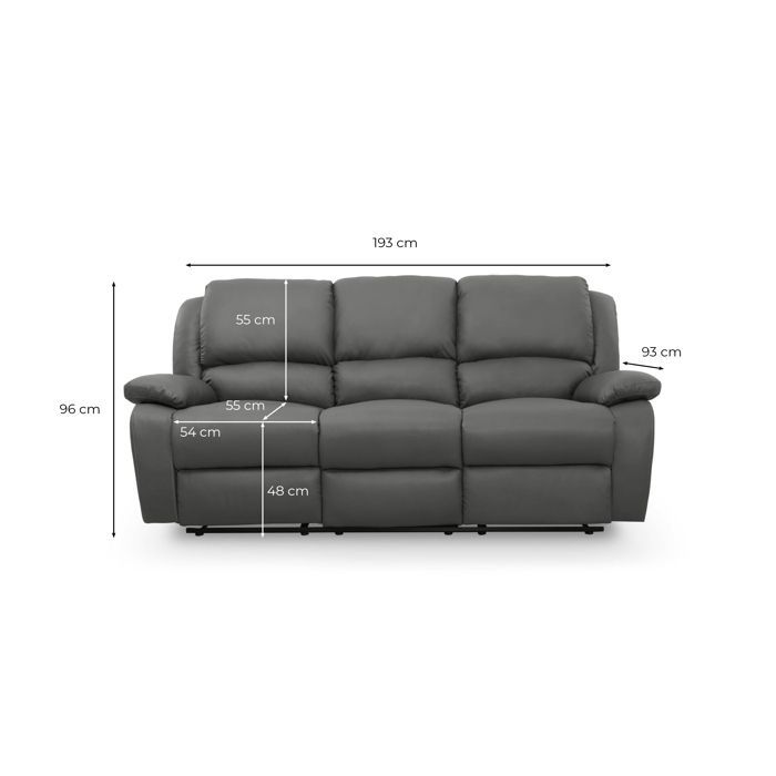 LEO 3-Sitzer-Relaxsofa in Kunstleder - Schwarz - B 193 x T 93 x H 96 cm - LOUNGITUDE