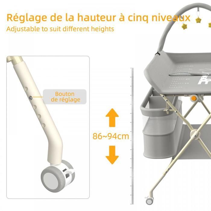 Mobile/Foldable Changing Table - Changing Surface with Side Basket and 3 Toys - Adjustable Height - 80x73x86-94 cm - Grey