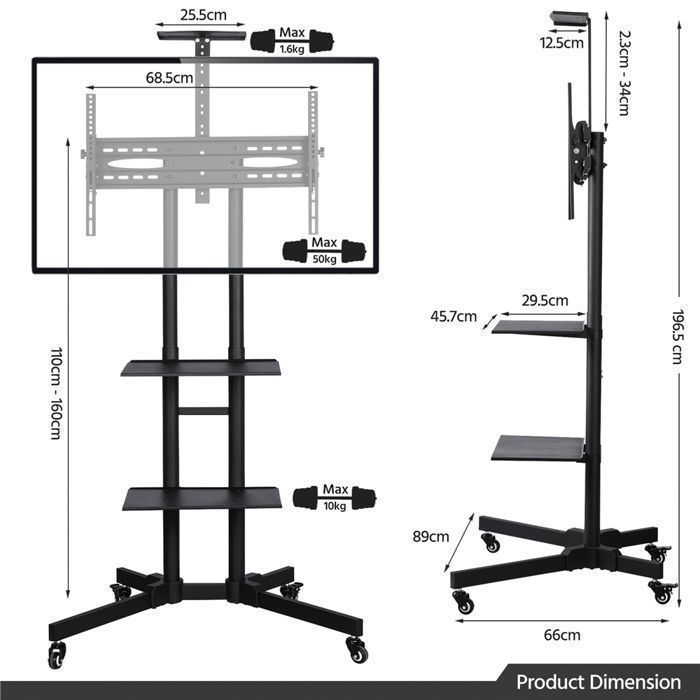 Soporte para TV Yaheetech con ruedas - Altura ajustable - Con freno - 3 estantes para pantallas de 30 a 60 pulgadas/LCD/LED/Plasma VESA