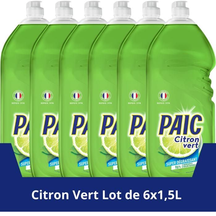 Paic Liquide Vaisselle Citron Vert – Nettoie - Dégraisse - Grand Format Économique – 1,5L – Lot de 6