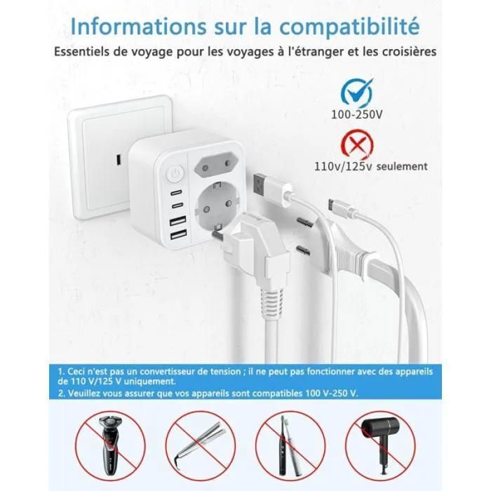 Enchufe de viaje internacional - Conector de viaje de Francia a Japón con 4 puertos USB - Adaptador de viaje