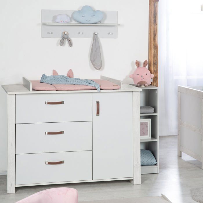Commode à Langer ROBA Mila - 3 Tiroirs + 1 Porte - Poignées en Similicuir - Gris Clair / Chêne Blanchi