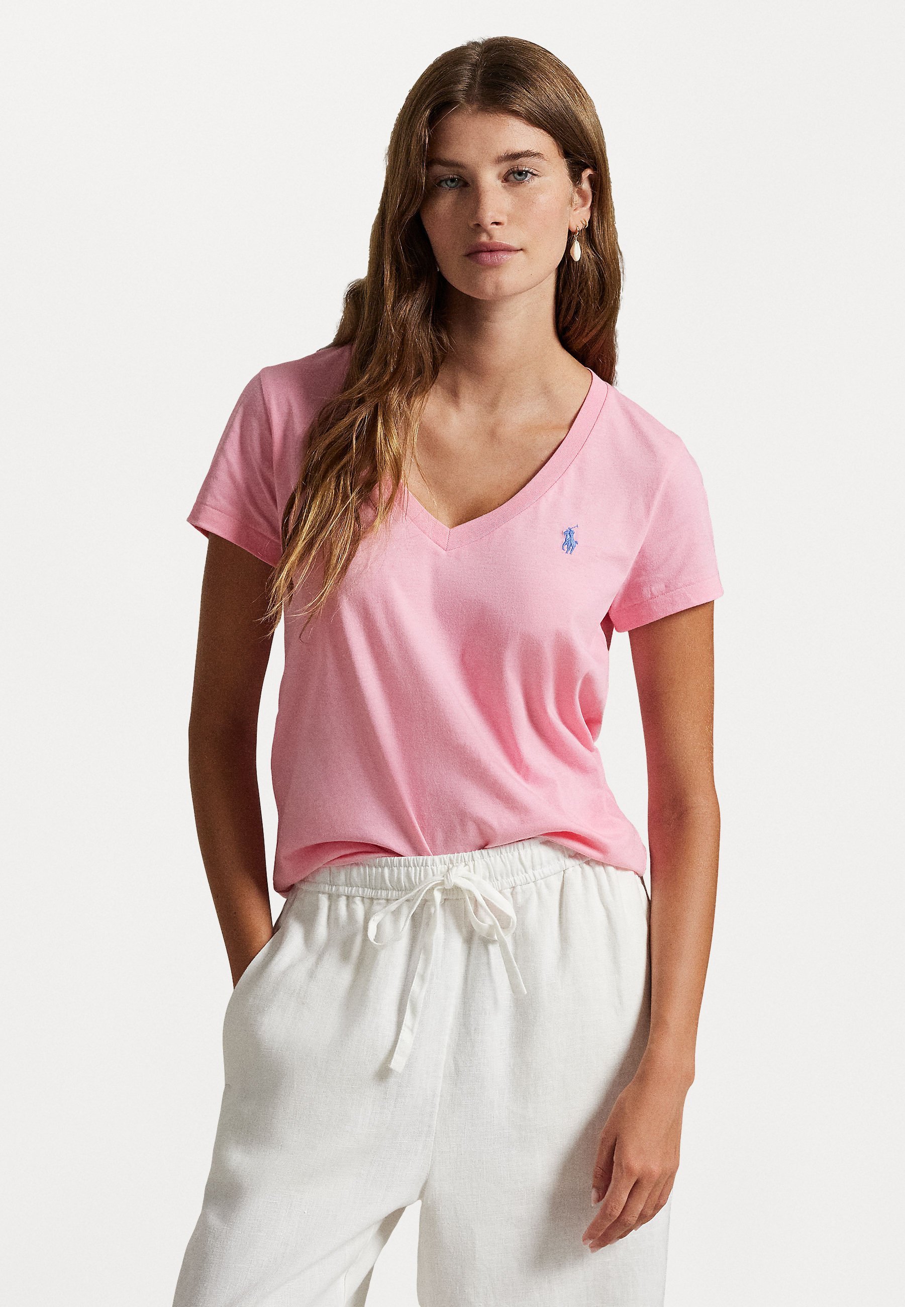 Polo Ralph Lauren katoenen jersey T-shirt met V-hals - Basic T-shirt - natuurlijk roze