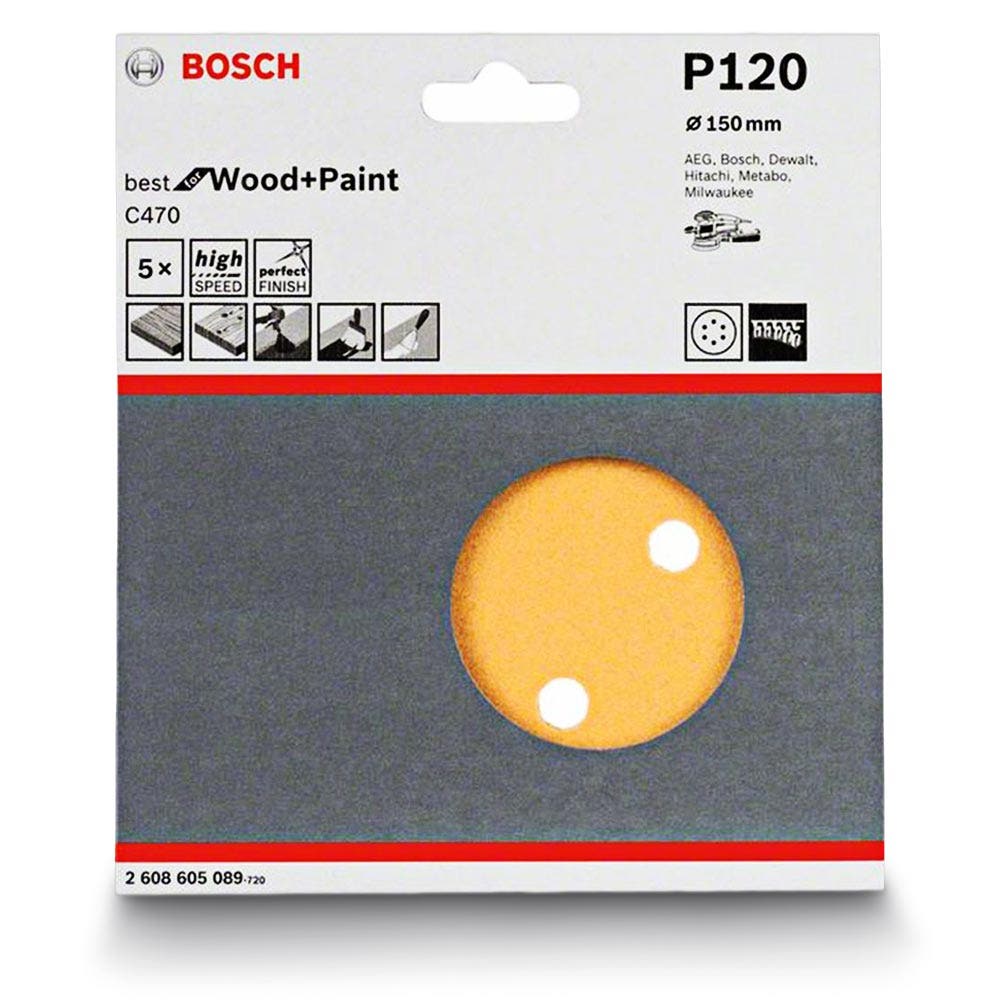 BOSCH Schleifscheibe 150 mm, Körnung 120, 6 Löcher, Klettverschluss, für Holz und Lack – C470 – 5 Stück