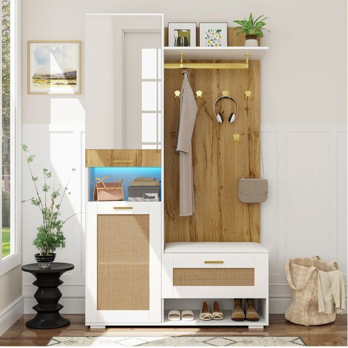 Móvel para hall de entrada com iluminação LED - TKOPY - Cabideiro para hall de entrada com espelho e espaço para armazenamento - Conjunto de cabideiro 110x38x190cm - Branco