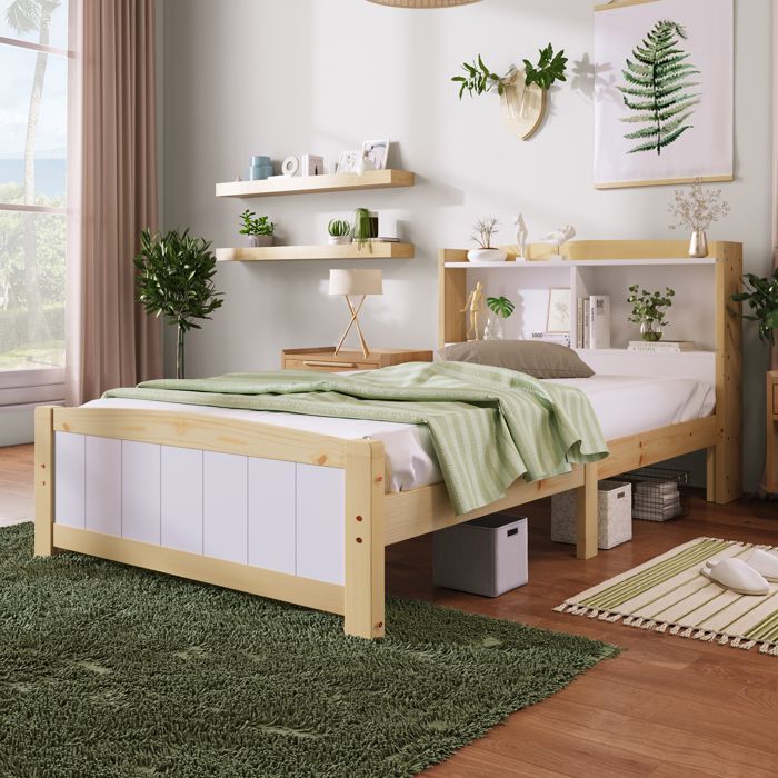 Kinderbed van massief hout 90x200 cm met matras, bedframe met grenen lattenbodem, eenpersoonsbed, naturel en wit