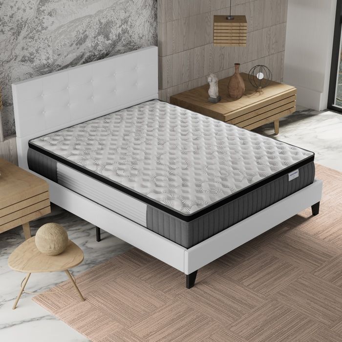Set letto e materasso (140x190 cm) - Elekctra 30 cm con molle insacchettate e memory foam + rete a doghe e testiera in tessuto bianco