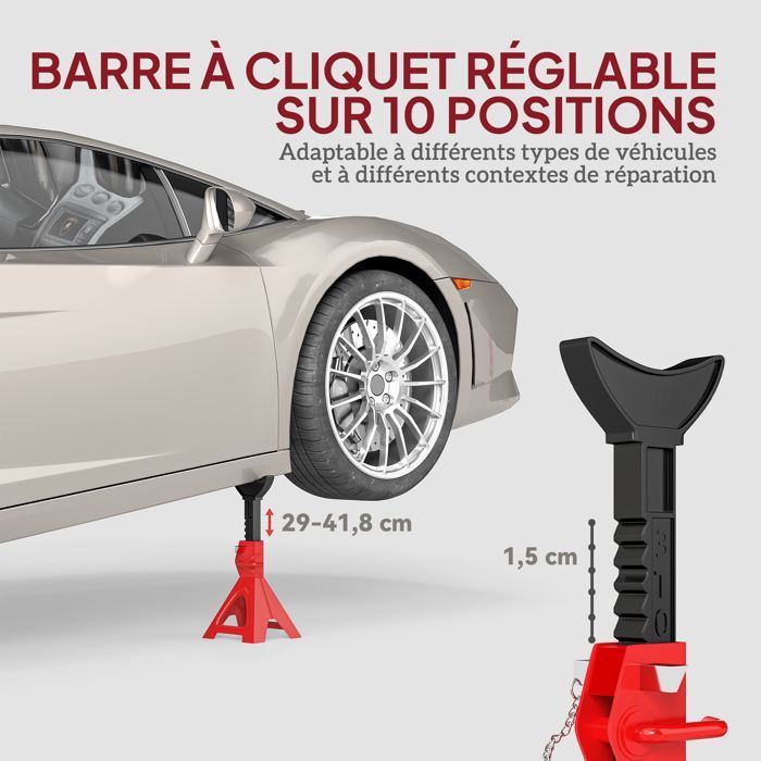 Juego de 2 soportes para gato de coche, capacidad de elevación de 3 toneladas, altura ajustable de 290 a 418 mm, pasador de seguridad rojo.