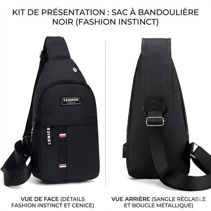 Sacoche - Bandoulière - Ajustable - Homme - Tissu Oxford - Noir - Fonctionelle - 31 x 17 cm