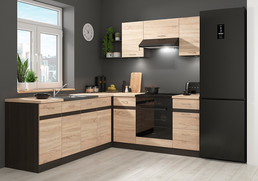 Komplet kuchenny narożny Junona Line 200x220 prawy dąb sonoma  z blatem