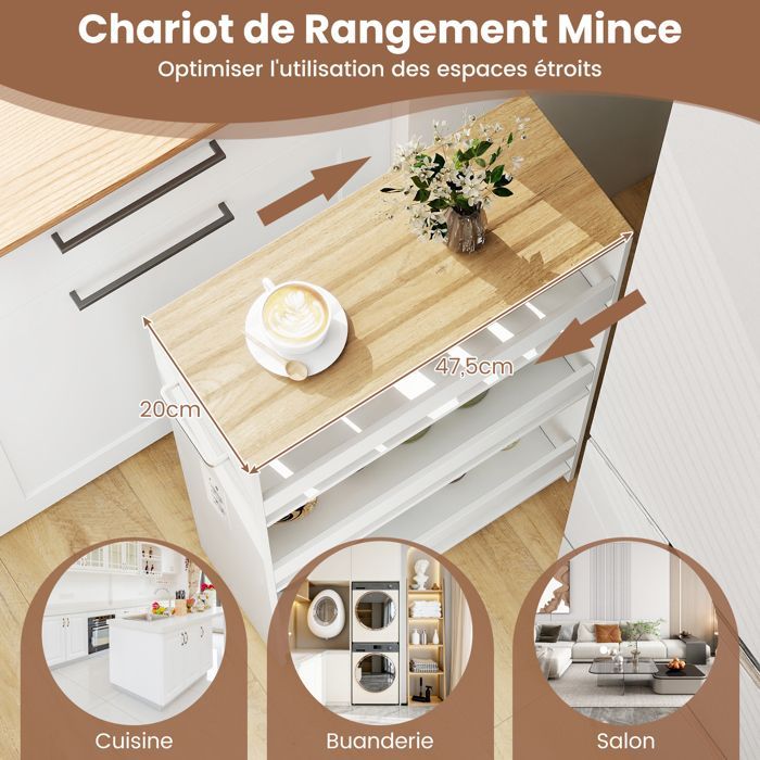 GIANTEX Narrow Kitchen Trolley with Wheels - 47.5x20x80.5cm - Charging Station - 4-Tier Serving Cart - White + Natural