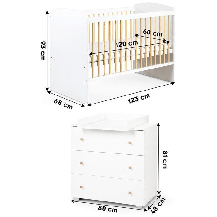 KAROLINA II Baby Cot Set 120x60 and 3-Drawer Changing Table White / Pine