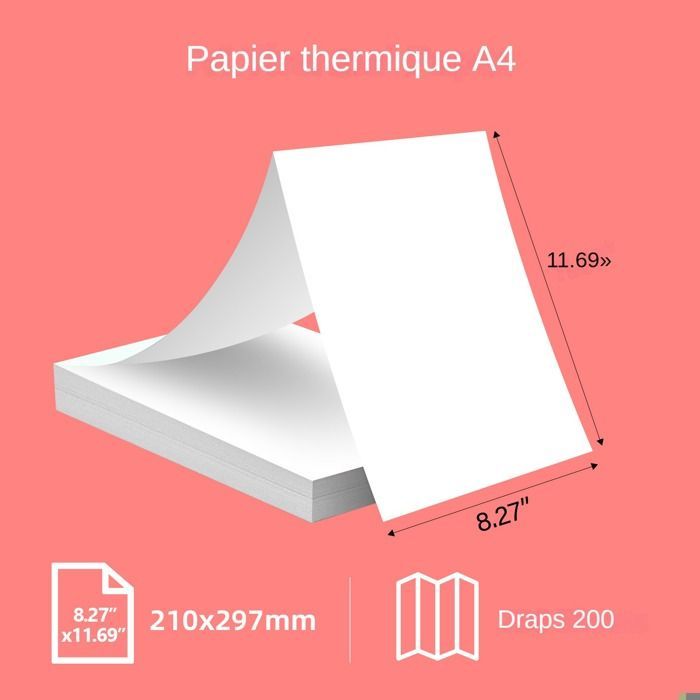 Papier thermique A4 - 200 Feuilles - 210x297mm - Compatible imprimantes thermiques - Sans BPA，Papier d'impression pliant