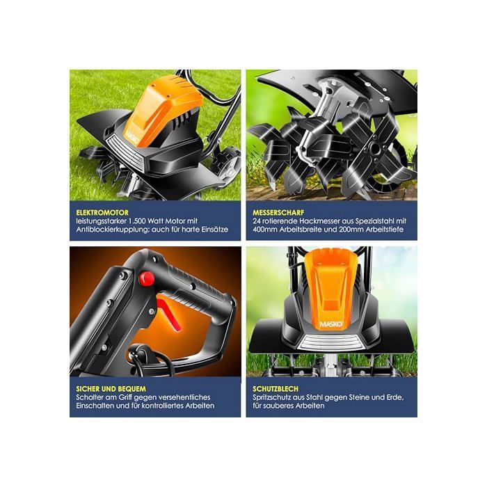 Motobineuse électrique - MASKO - 1500W - 40cm largeur - 20cm profondeur - Orange