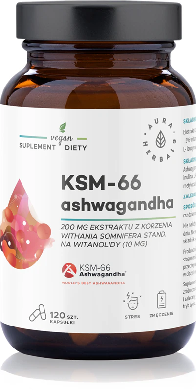 Cápsulas de suplemento alimentar Ashwagandha KSM-66 da Aura Herbals para auxiliar no equilíbrio físico e mental do corpo.