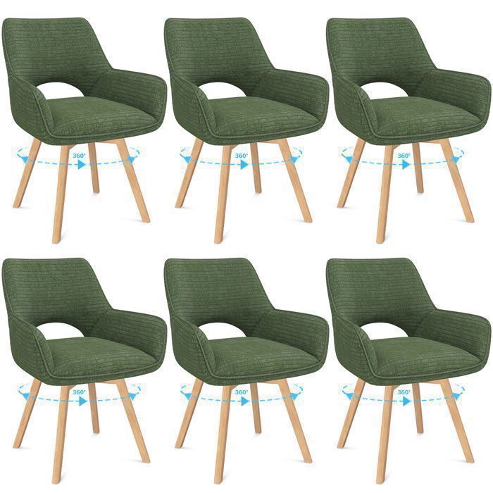 WAFTING Lot de 6 Chaises de Salle à Manger, Fauteuil Pivotantes avec Accoudoirs, Rembourrées avec Dossier en Velours,Bois Pied,Vert