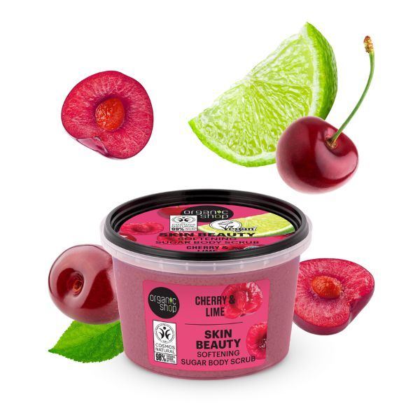 Zjemňujúci cukrový telový peeling Organic Shop Čerešňa a limetka 250 ml