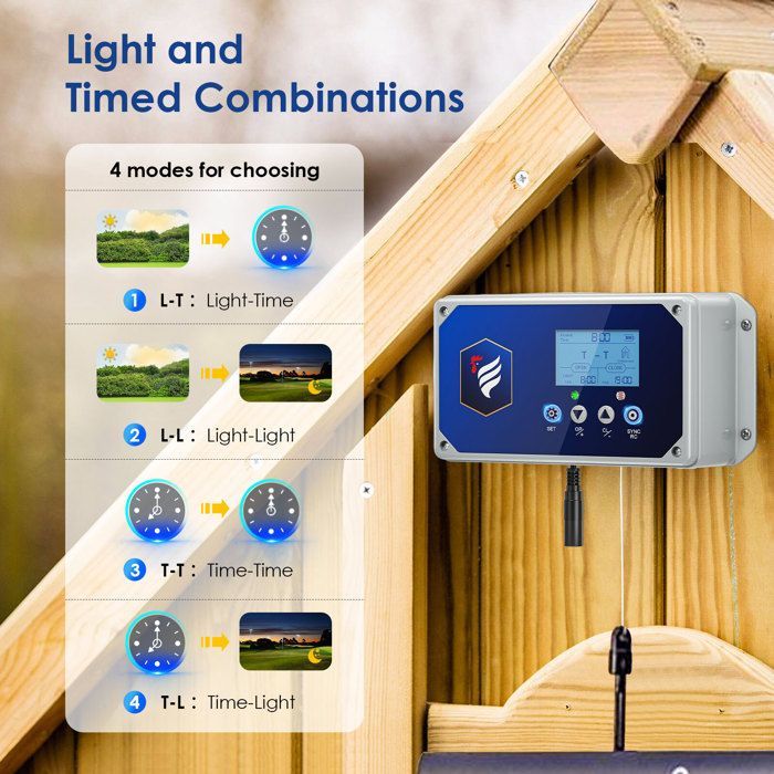 TTLIFE automatische kippenhokdeur met 4 bedieningsmodi, een batterijduur van 6 maanden en 3 stroomopties. Compatibel met klepdeuren.