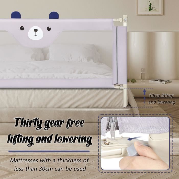 MENGDA Children's Bed Rail - 200cm Bed Edge Protector - Grey - Stable and Foldable