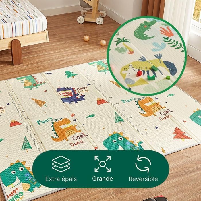 CASABEL Tapis d'Éveil Bébé Évolutif 175x150cm, Tapis Bébé Pliable et Imperméable avec Motifs Dinosaures & Jungle, apis de Jeu Bébé