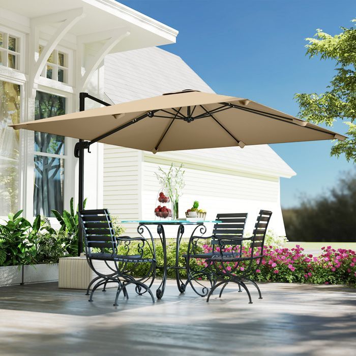 Zwevende parasol - Outsunny - 360° draaibaar, 5 kantelposities, kruisvoet - aluminium paal - polyester - 3 x 3 m - kaki