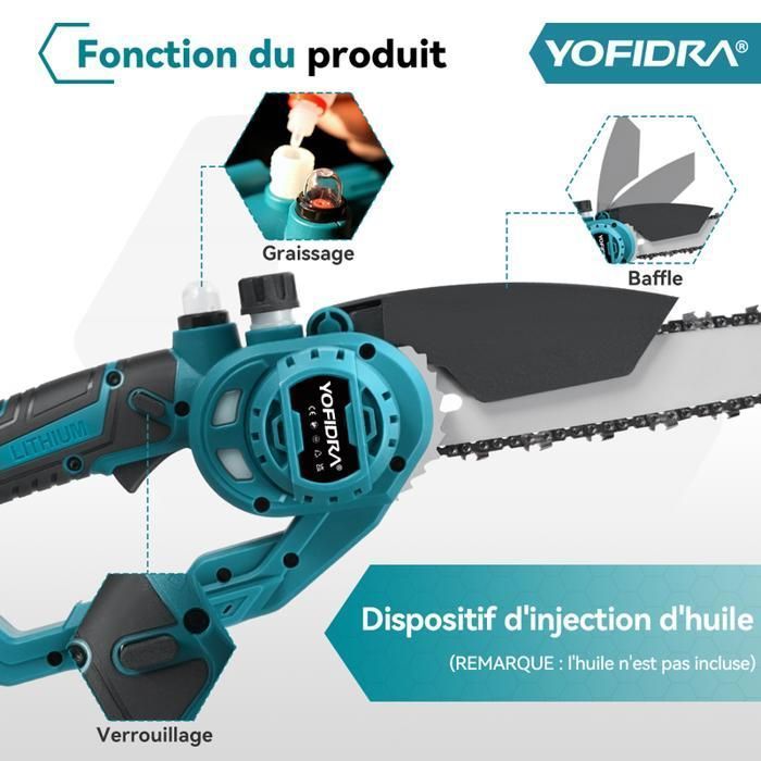 Podador de galhos elétrico sem fio YOFIDRA de 8 polegadas, haste telescópica de 100 a 170 cm, 2 baterias de 3000 mAh