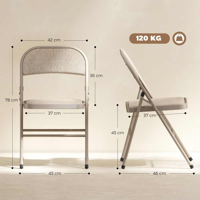Conjunto de 2 cadeiras dobráveis HOMCOM, cadeiras de jantar portáteis com almofada de linho e estrutura de aço bege.