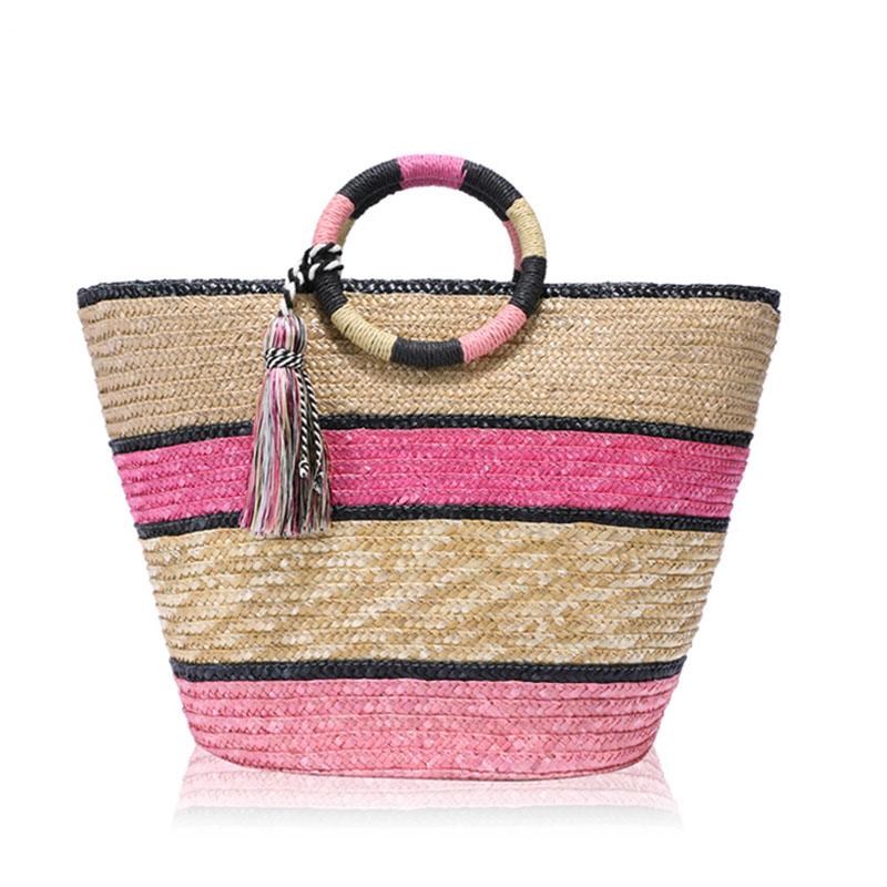 Sac à main de plage tressé arc-en-ciel pour femme, sac bandoulière en bambou tressé, sac à main en paille tressée, sac cabas à pompons