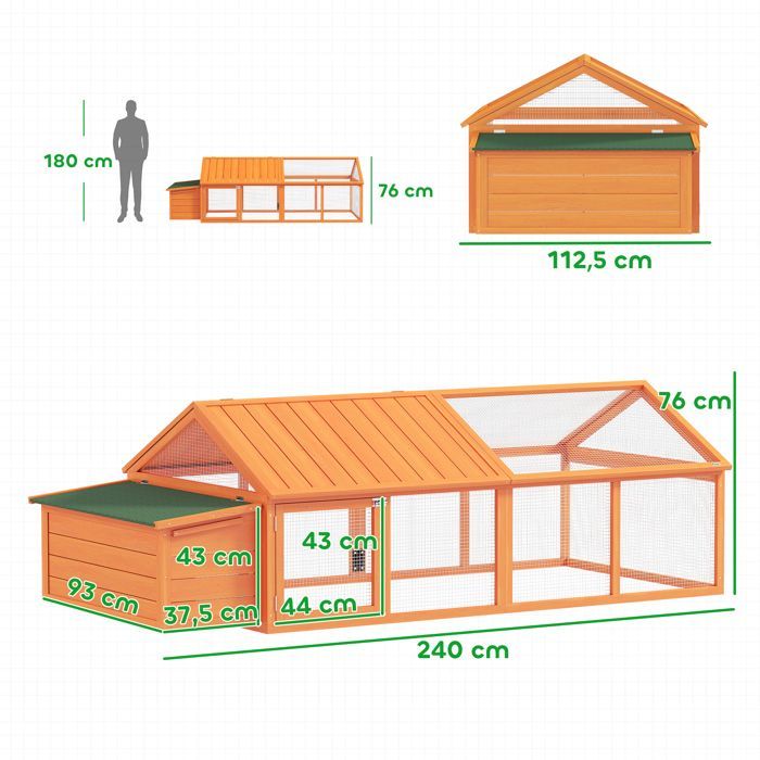 Poulailler pour poules - PawHut - avec nichoir - porte et toit ouvrable - pour 4 et 8 poules - en bois - orange