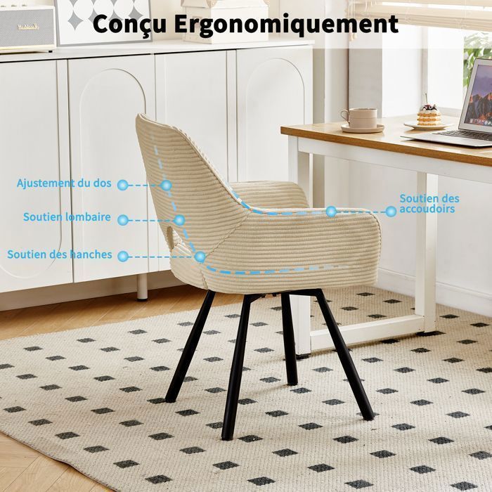 WAFTING Lot de 2 Chaises de Salle à Manger,  Fauteuil Pivotantes avec Accoudoirs, Rembourrées avec Dossier en Velours,Beige