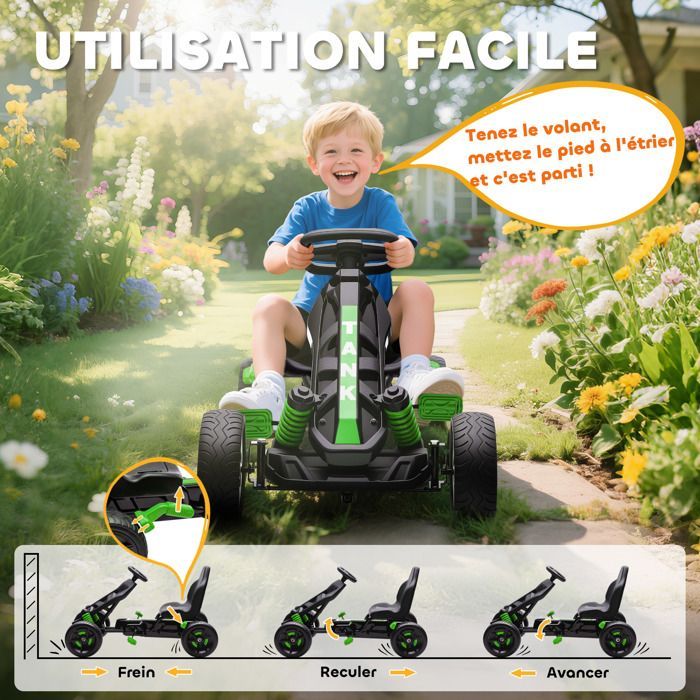Kart à pédales pour enfants - AIYAPLAY - roue libre, frein, roues EVA antidérapantes - plastique et métal - 100x59x60,5cm - vert