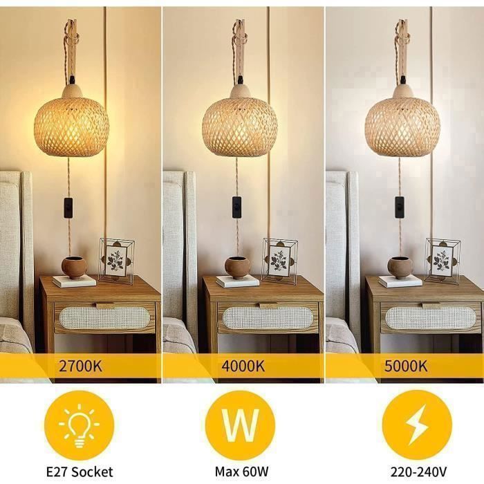 Luminária de parede retrô de madeira para interiores, estilo lanterna de bambu, design criativo com soquete E27, plugue e interruptor (lâmpada inclusa).