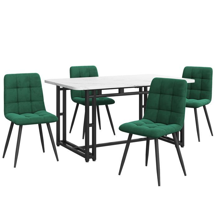 Juego de mesa de comedor con 4 sillas, mesa de cocina rectangular (140x80cm), sillas de comedor de terciopelo verde