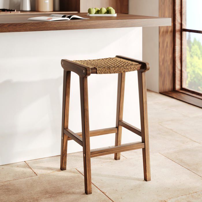 Tabouret pour îlot central 66 cm en teck vernis et tissage synthétique - Omaha - Rendez-Vous Déco