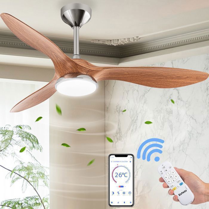 Ventilatore da soffitto con luce, 132 cm con luce LED dimmerabile, pale in ABS effetto legno moderno, telecomando.