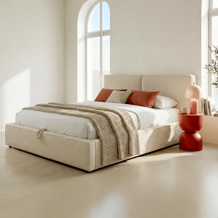 Arno 140x190 cm Bett für Erwachsene mit Stauraum, Lattenrost und beigefarbenem, mit Cord bezogenem Kopfteil