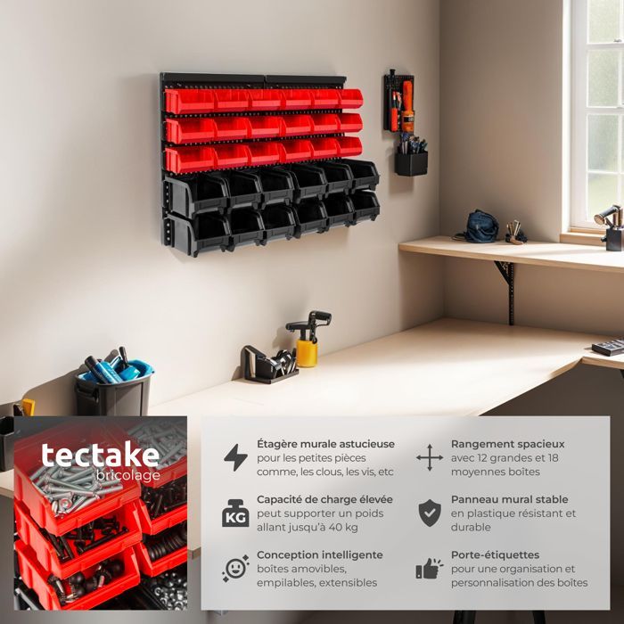 Estantería de pared - TECTAKE - Estantería de pared con contenedores de almacenamiento de polipropileno - Negra