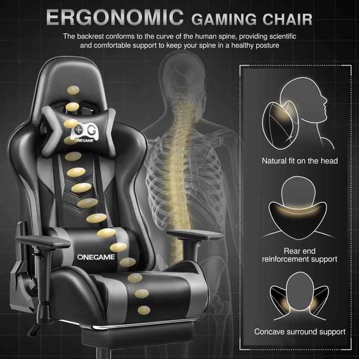 Ergonomische gamingstoel met 165° verstelbare rugleuning, voetensteun, lendensteun en dikke zitting.