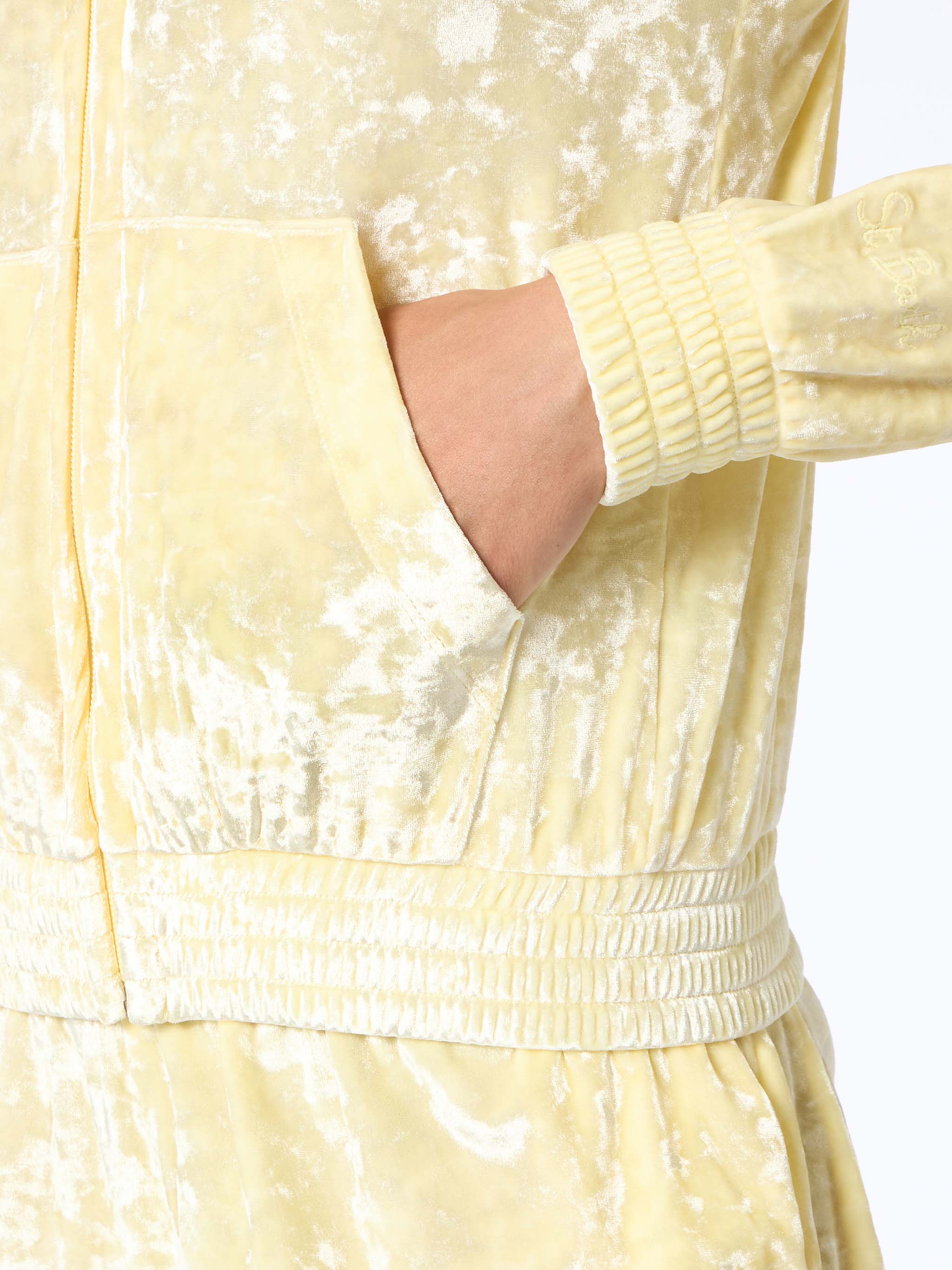 Jas dameshoodie van lichtgeel chenille met rits
