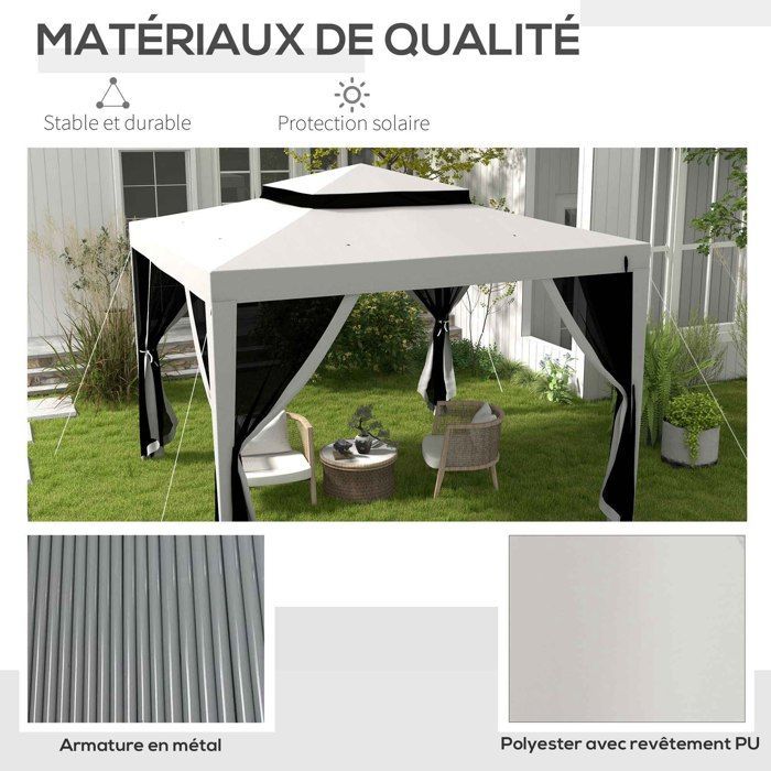 Tonnelle barnum de jardin 3L x 3l m avec 4 moustiquaires amovibles - double toit - métal polyester gris 297x297x268cm Gris