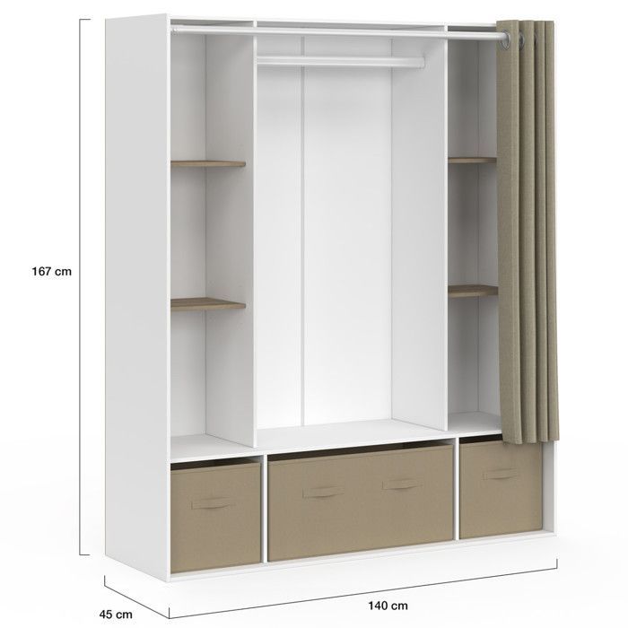 IDMARKET Dressing double penderie DIANE 140 x 45 x 167 cm blanc avec étagères + boites de rangement + rideau taupe