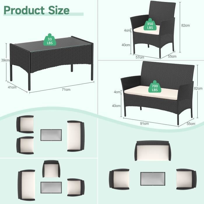 [NASPALURO] Garden Furniture Set - 4 Pieces of Black Rattan Garden Furniture
