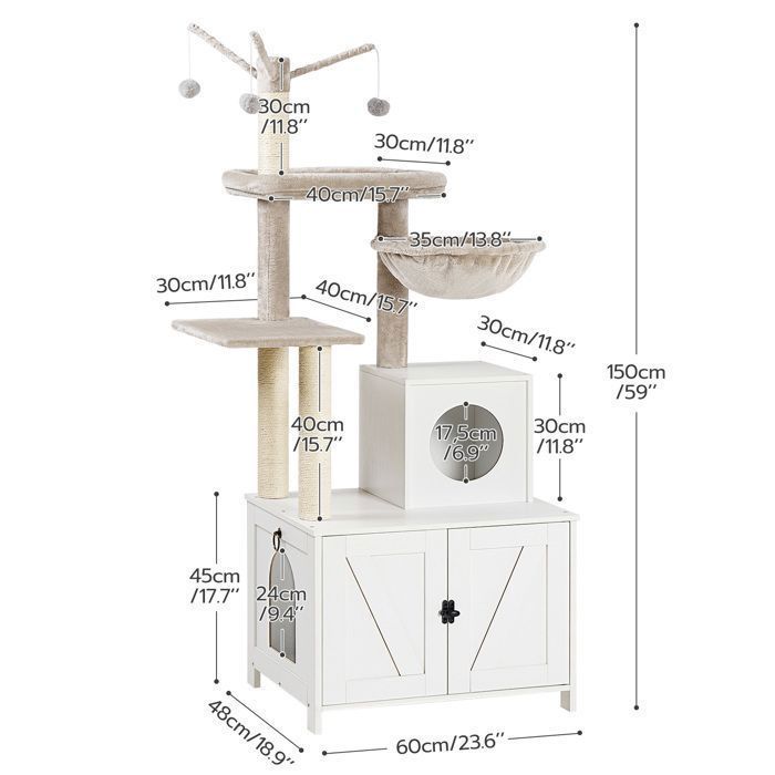 HOOBRO Cat Tree with Cat Litter Box, Cat Tower, Removable Pom-Pom Teasing Stick, White