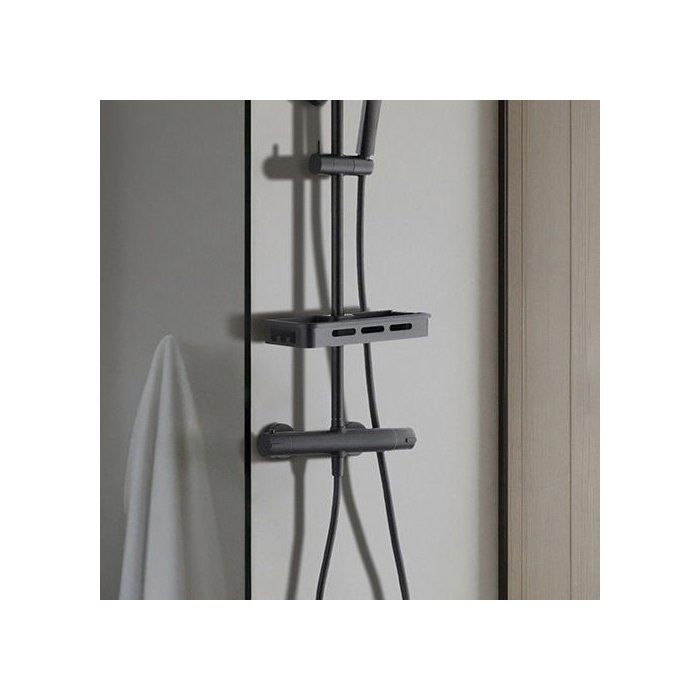 Shower column with thermostatic mixer - Edouard Rousseau - Ars Tab - Black - Round overhead shower - Hand shower