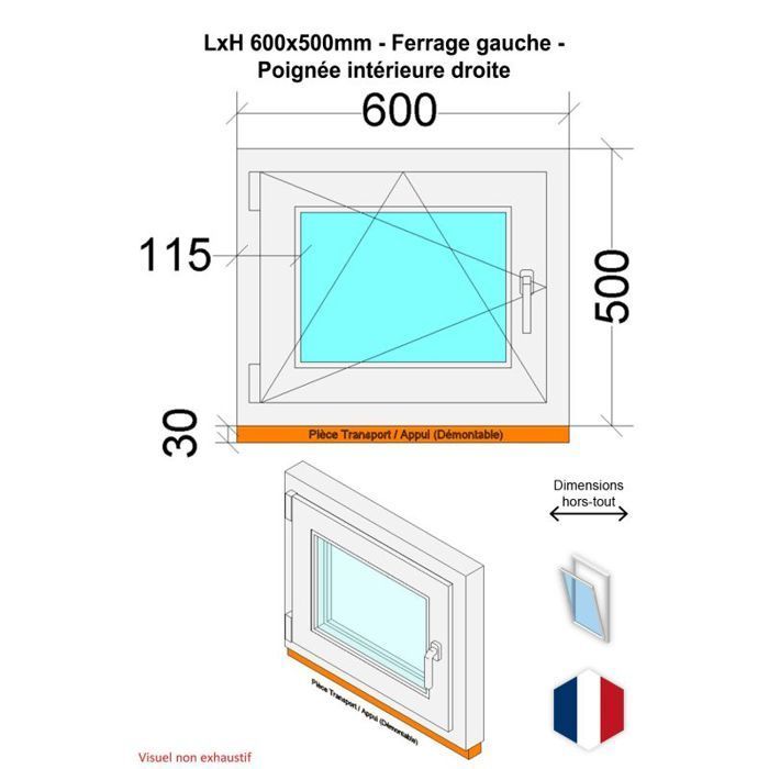 Fenêtre PVC - Triple vitrage - Tirant Gauche - Blanc - LxH : 600x500 mm