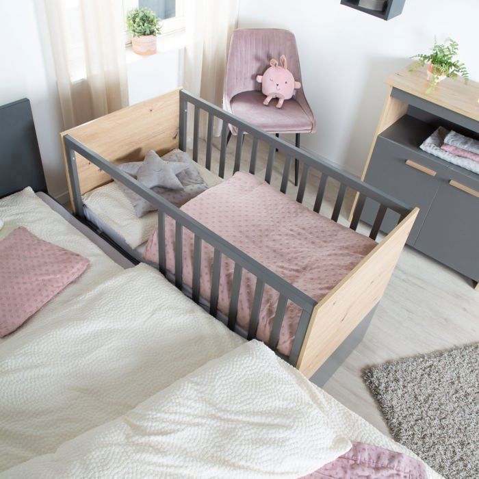 Conjunto completo de dormitorio infantil: cuna de 60 x 120 cm + cambiador + armario - ANNA - ROBA - Roble Kent / Antracita