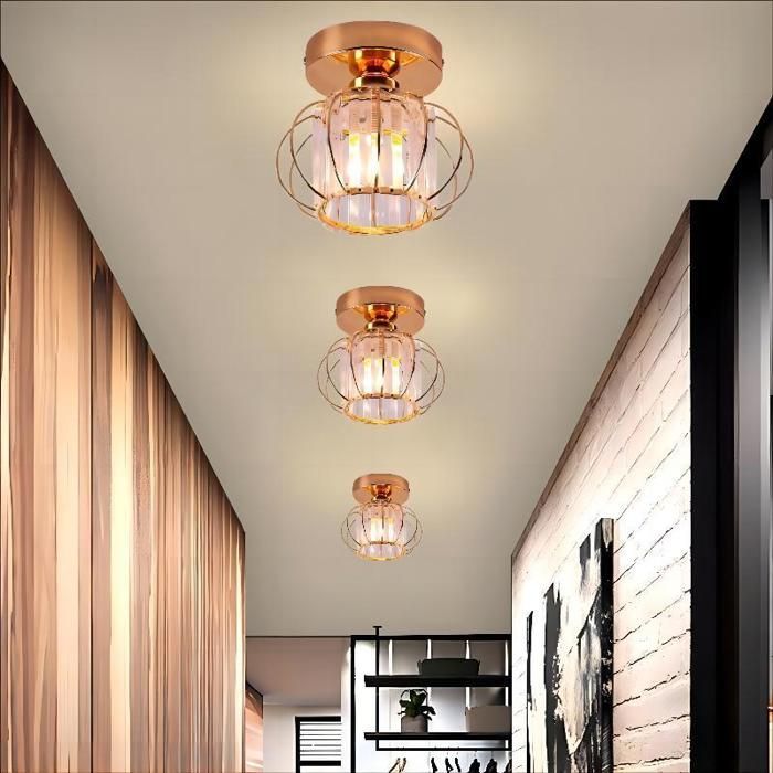 WOTTES Plafonnier en Cristal Moderne E27 LED, Plafonnier Mini Lustre en Cristal pour Cuisine Couloir Entrée, 1PCS Ø18CM Or rose