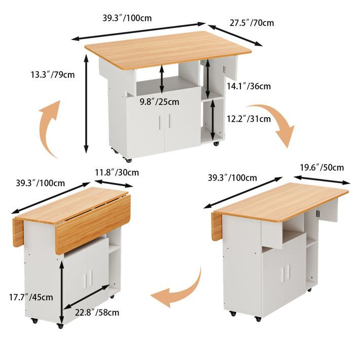 Opklapbare roltafel met wielen en deur - Eettafel 100x70cm - Uitschuifbaar blad en plank - voor keuken/woonkamer - Geel