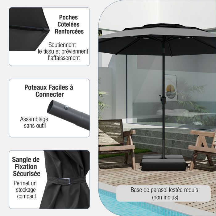 Parasol de Terrasse Ventilé à 3 Niveaux de 300 cm - COSTWAY - Inclinaison à Bouton-Poussoir - Manivelle - 8 Baleines Robustes - Noir