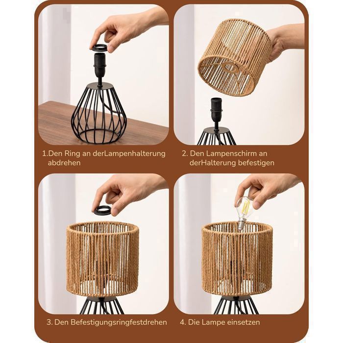 EDISHINE Lampe à Poser Vintage Boho, E14 LED Ampoule Incluse, Abat-jour Tissée à la Main et Base Cage en Fer